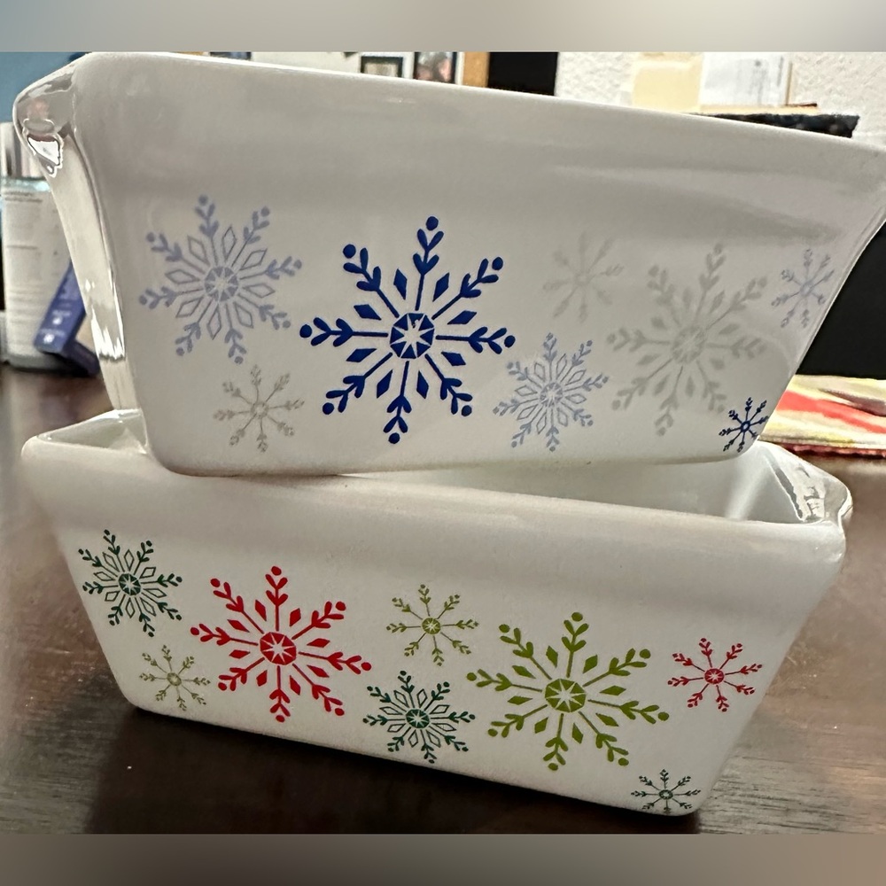 Mini Loaf Pans Set of 2 Ceramic Snow Flakes